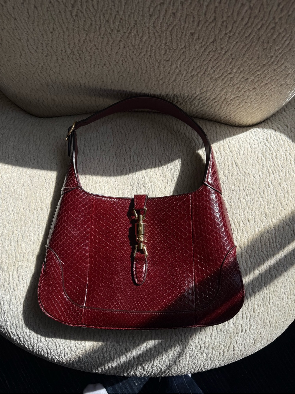 Gucci Jackie Bordeaux Red Python Embossed Leather Shoulder Bag